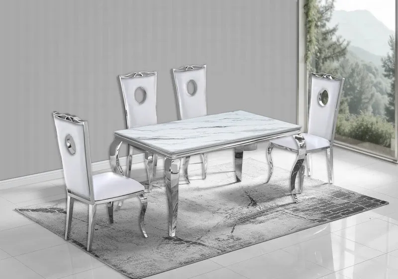 Ensemble table marbre blanc et 4 chaises argent – Neo