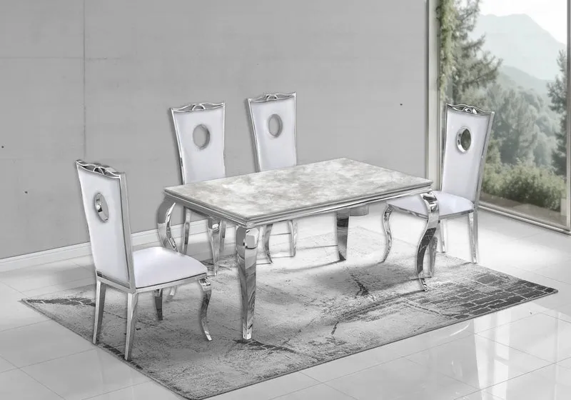 Ensemble table marbre beige et 4 chaises argent – Neo