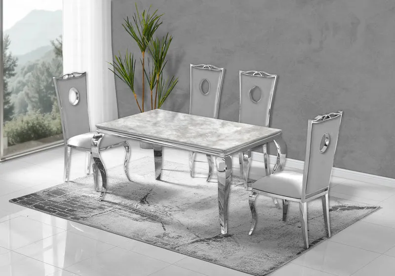Ensemble table marbre beige et 4 chaises argent – Neo