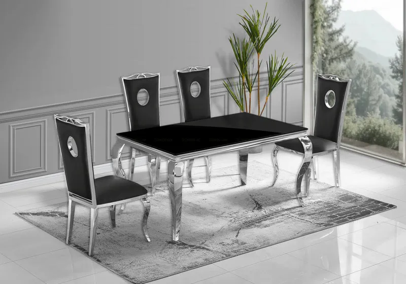 Ensemble table verre noir et 4 chaises argent – Neo