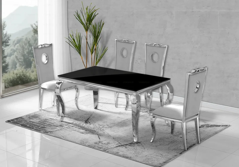 Ensemble table verre noir et 4 chaises argent – Neo