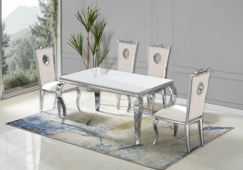 Ensemble table verre blanc et 4 chaises argent – Neo