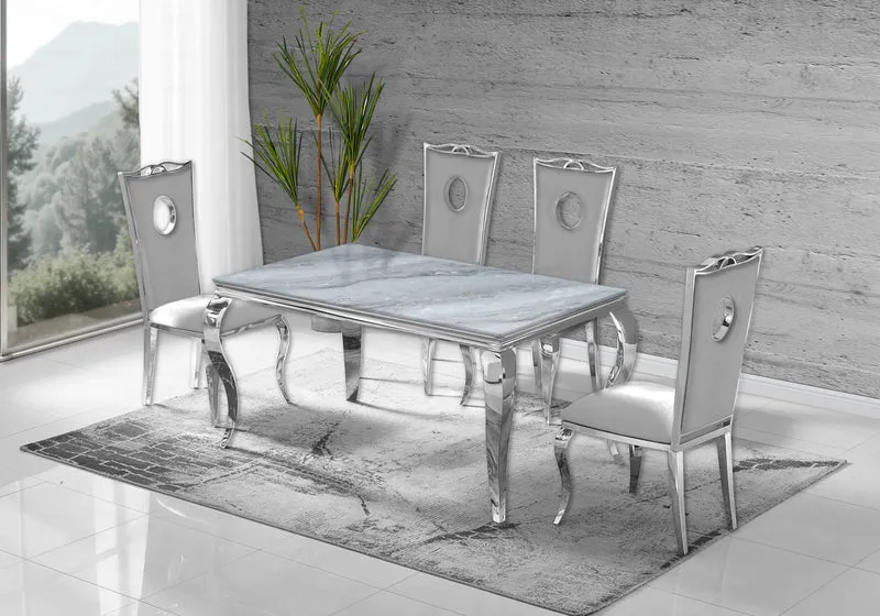 Ensemble table verre blanc et 4 chaises argent – Neo