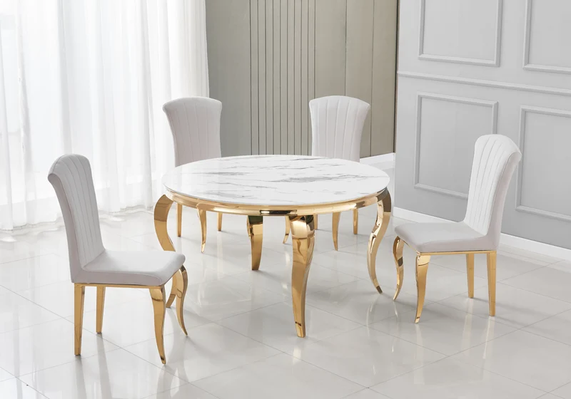 Table à manger ronde marbre blanc pieds or - Neo