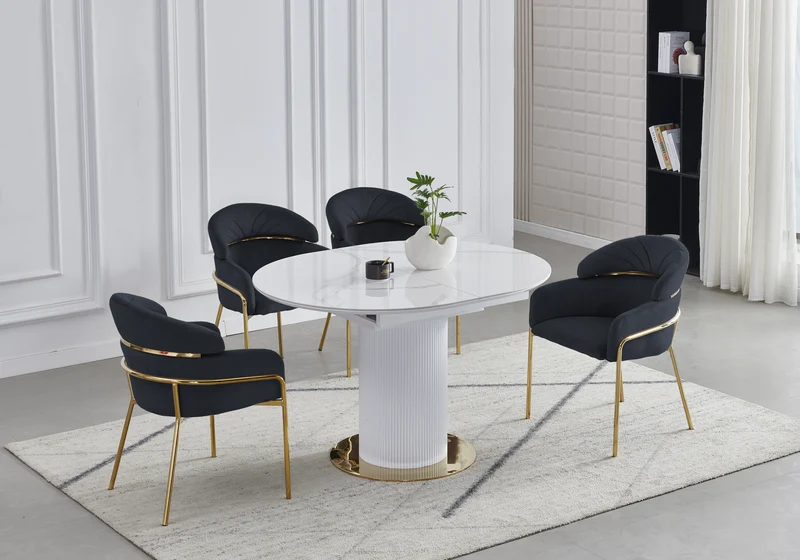 Ensemble table marbre blanc et 4 chaises noires - Leon
