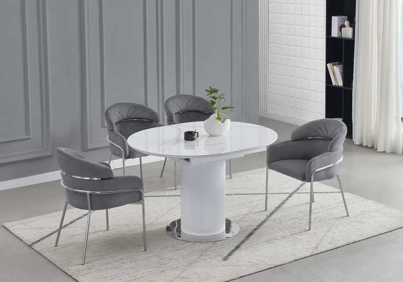 Ensemble table marbre blanc et 4 chaises grises - Leon