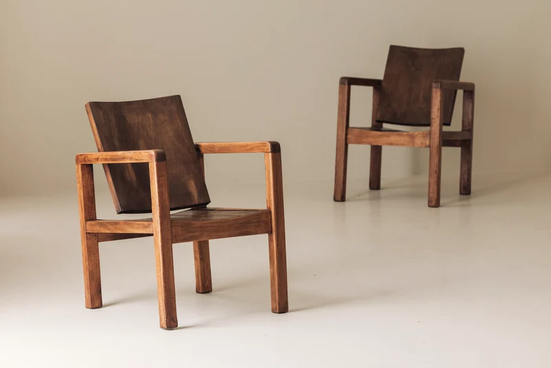 Pair of French Modernist Mahogany Armchairs, 1950s