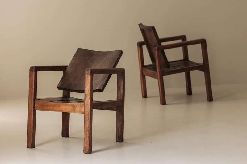 Pair of French Modernist Mahogany Armchairs, 1950s