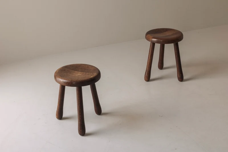 Set of Two Tripod Solid Elm Stools, France 1960s