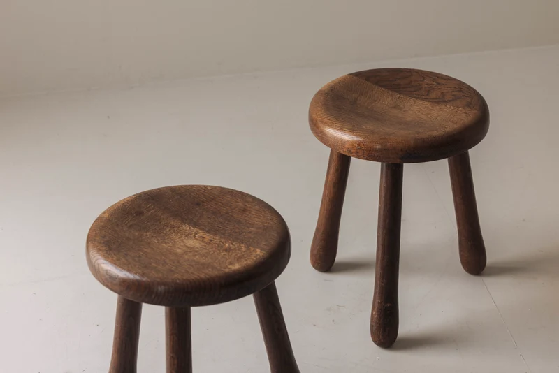 Set of Two Tripod Solid Elm Stools, France 1960s