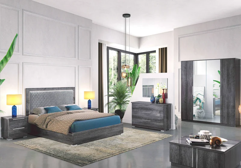 Chambre complète capitonnée bois gris foncé – LUNA