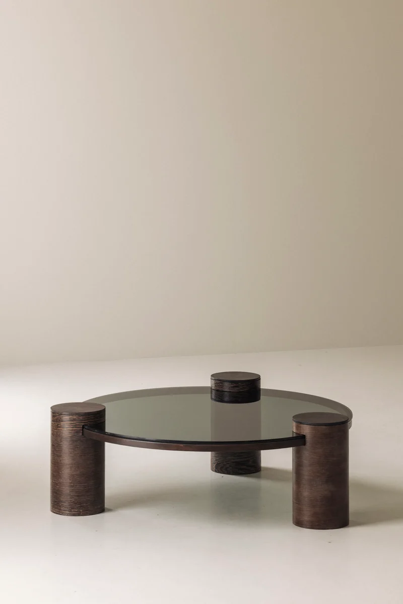Sculptural Brutalist Wengé and Smoked Glass Round Coffee Table, 1970s