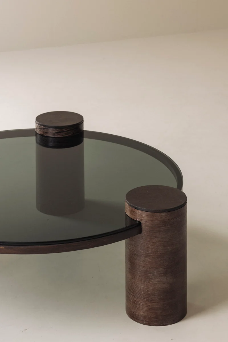 Sculptural Brutalist Wengé and Smoked Glass Round Coffee Table, 1970s