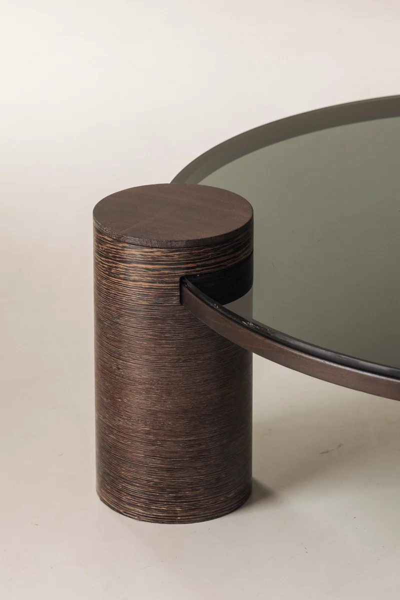 Sculptural Brutalist Wengé and Smoked Glass Round Coffee Table, 1970s