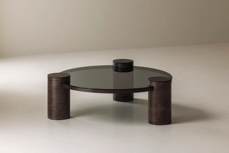 Sculptural Brutalist Wengé and Smoked Glass Round Coffee Table, 1970s