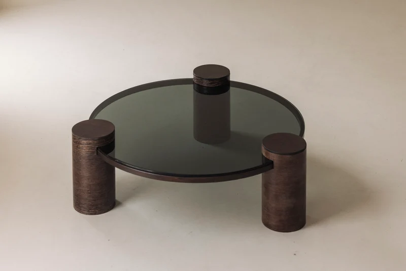 Sculptural Brutalist Wengé and Smoked Glass Round Coffee Table, 1970s