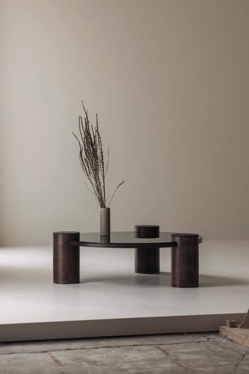 Sculptural Brutalist Wengé and Smoked Glass Round Coffee Table, 1970s