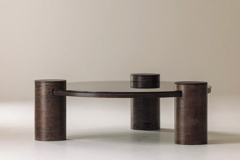 Sculptural Brutalist Wengé and Smoked Glass Round Coffee Table, 1970s