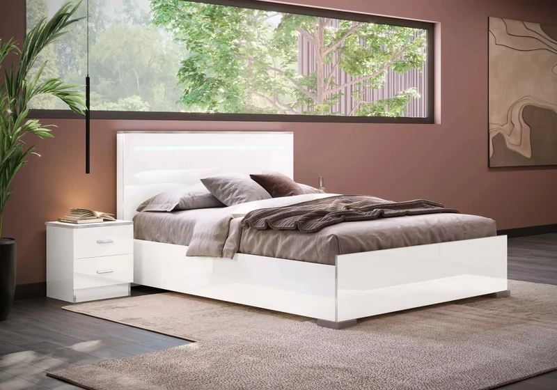 Chambre complète blanc laqué LED rangements design - NOEMI