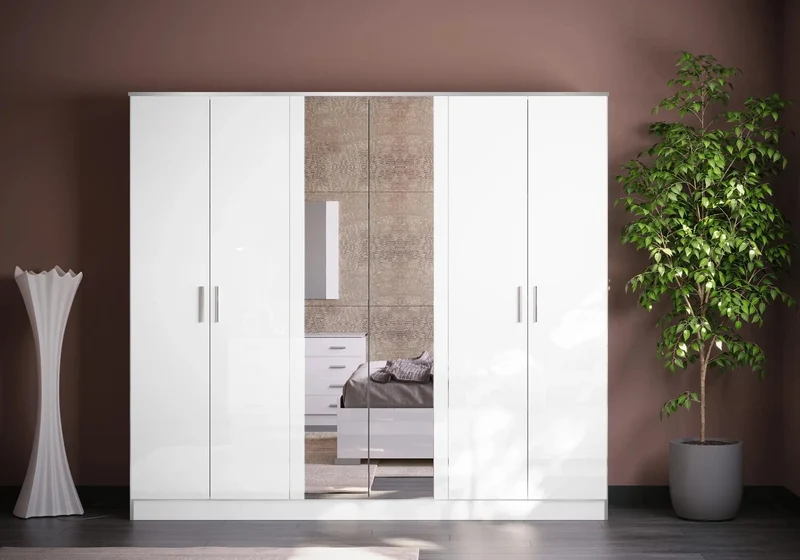 Chambre complète blanc laqué LED rangements design - NOEMI