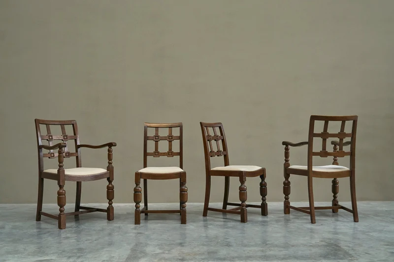 Beautiful Set of 4 French Chairs in Solid Oak and Velvet 1940s