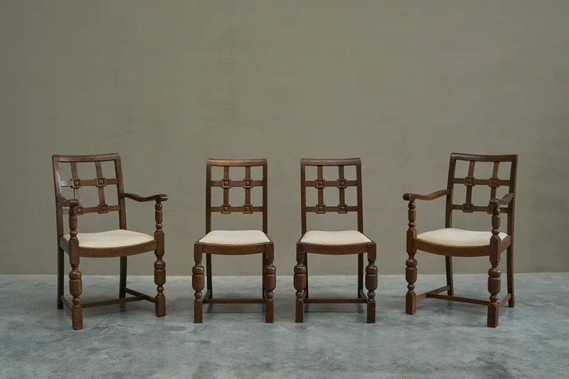 Beautiful Set of 4 French Chairs in Solid Oak and Velvet 1940s