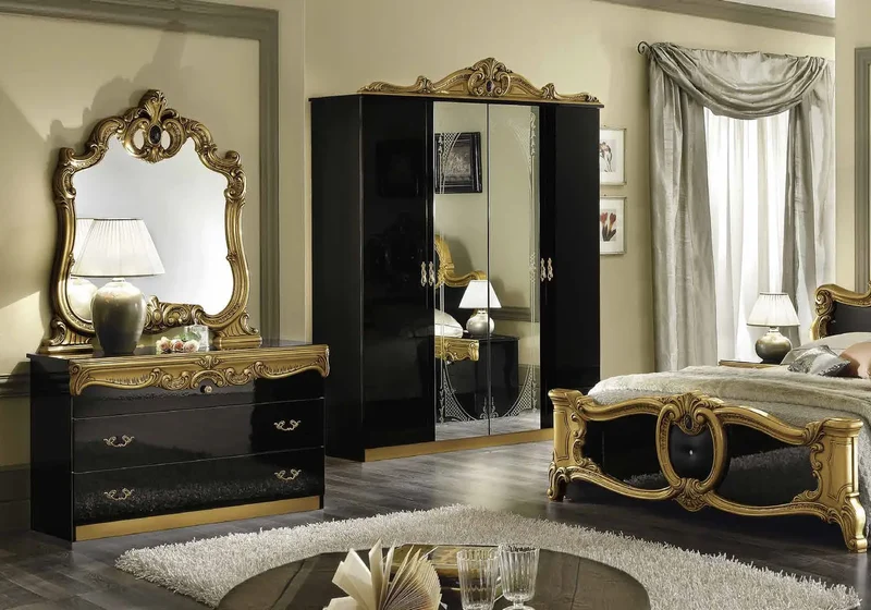 Chambre complète capitonnée baroque noir et or - KONE