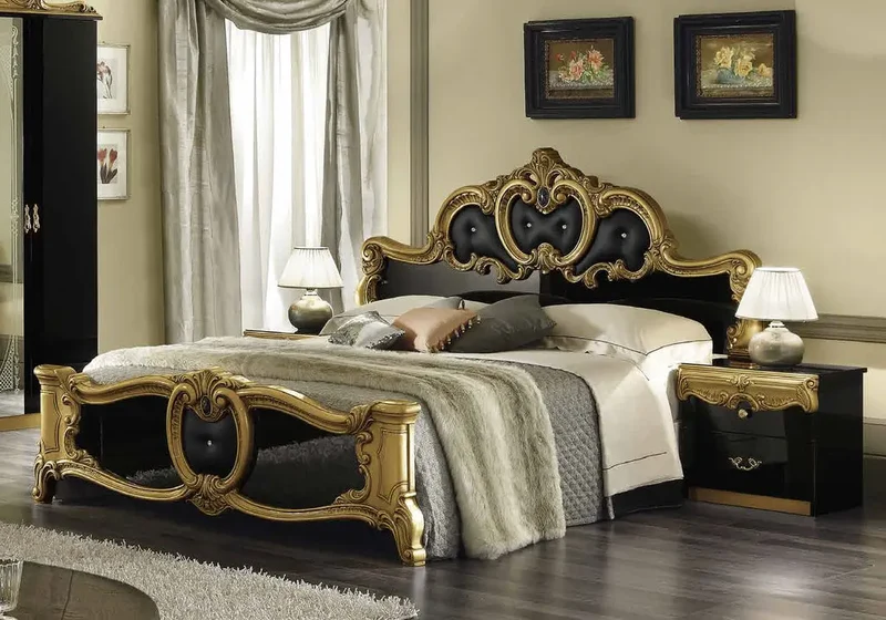 Chambre complète capitonnée baroque noir et or - KONE
