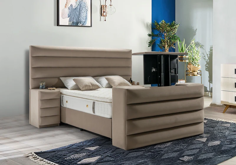 Lit coffre capitonné taupe avec système TV – WAVE