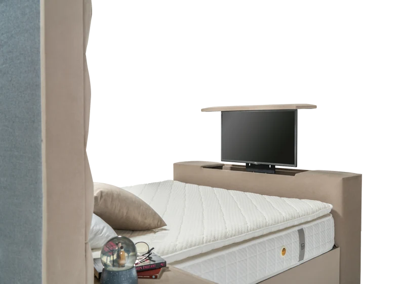 Lit coffre capitonné taupe avec système TV – WAVE