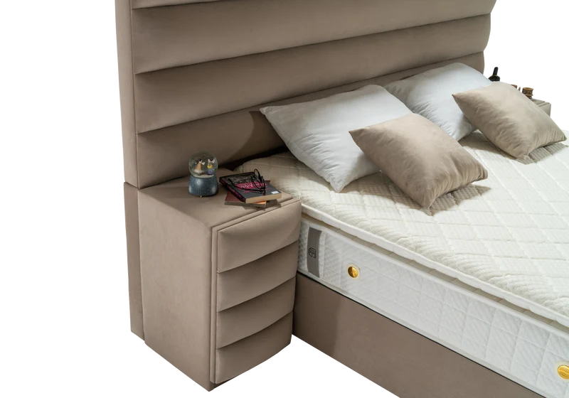 Lit coffre capitonné taupe avec système TV – WAVE