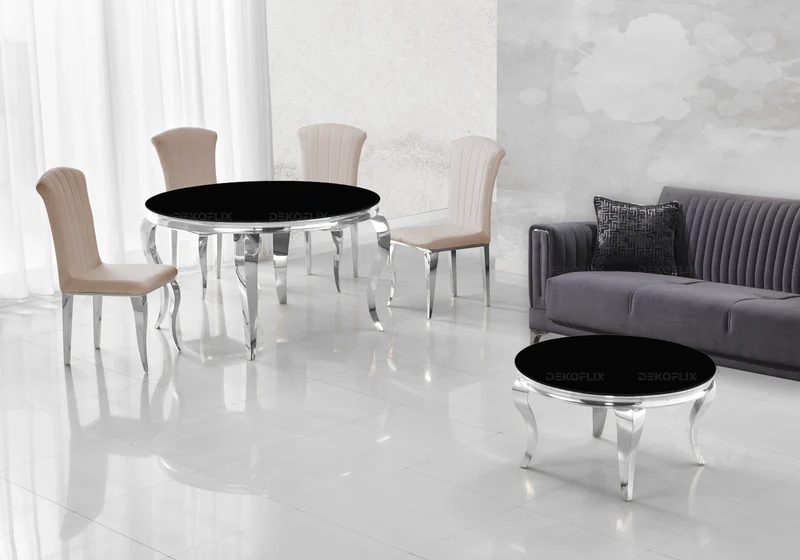 Table basse ronde verre noir et pieds argent - Neo