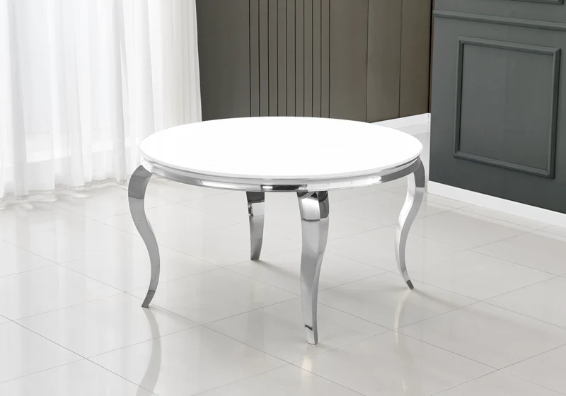 Table à manger ronde verre blanc pieds argent - Neo