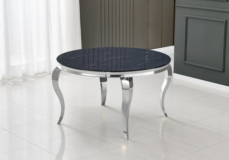 Table à manger ronde marbre noir pieds argent - Neo