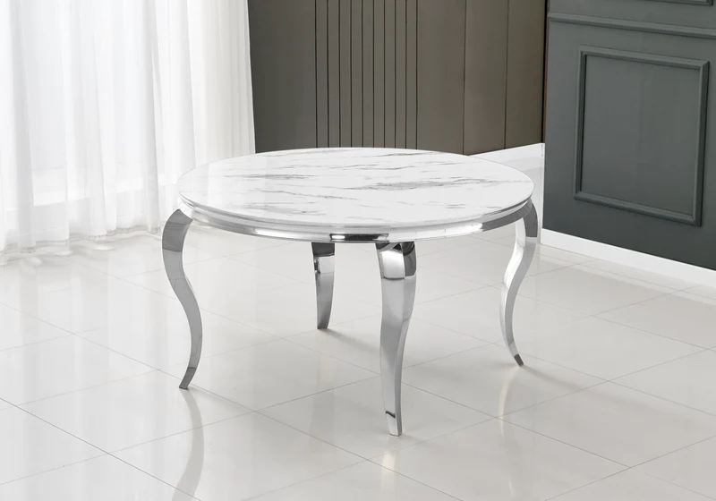 Table à manger ronde marbre blanc pieds argent - Neo