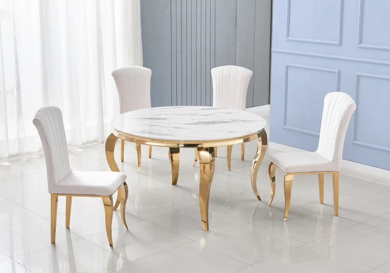 Table ronde marbre blanc et 4 chaises velours or – Neo