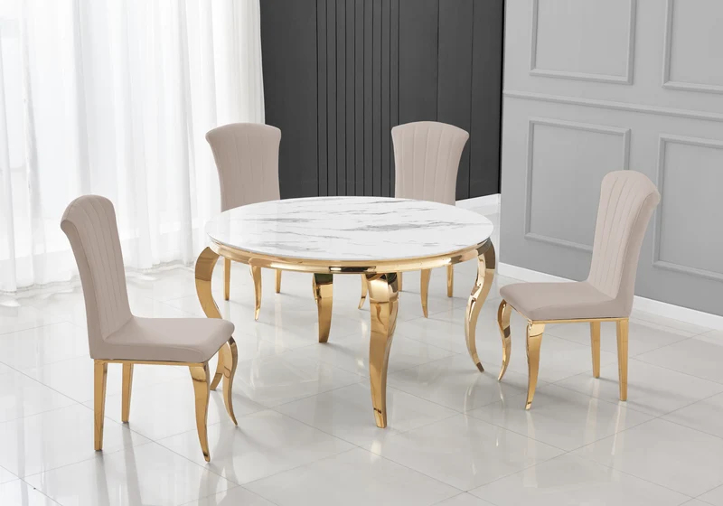 Table ronde marbre blanc et 4 chaises velours or – Neo
