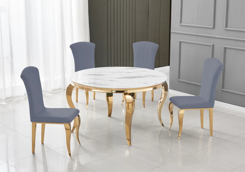 Table ronde marbre blanc et 4 chaises velours or – Neo