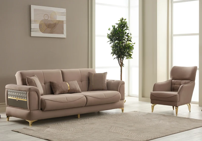 Canapé convertible design taupe et doré - LISA