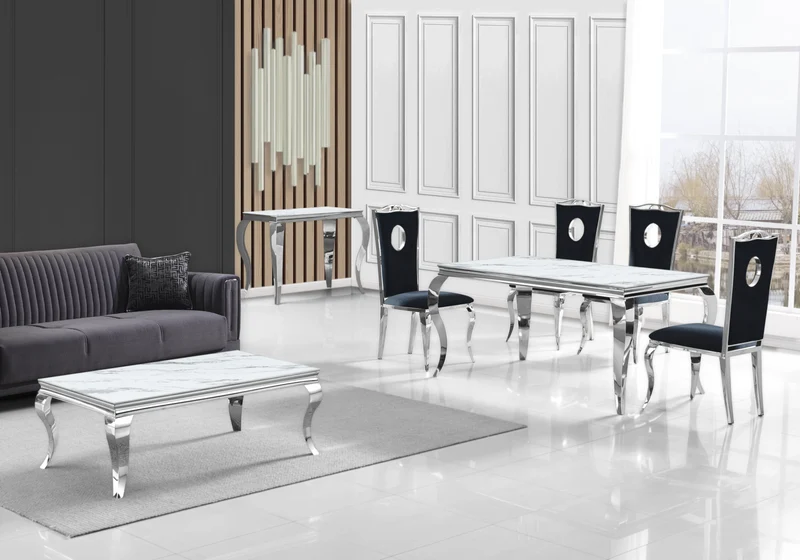 Bout de canapé design marbre blanc argent - Neo