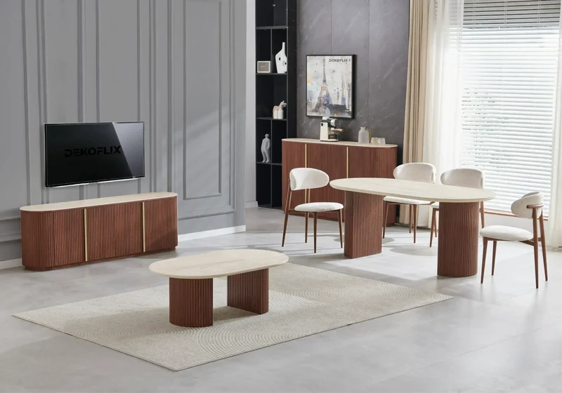 Ensemble table ovale travertin et chaises noyer - Terra
