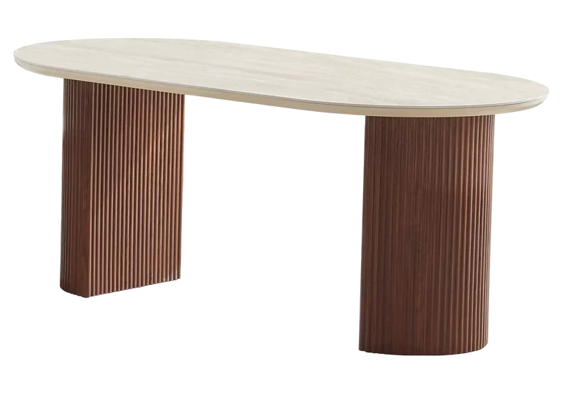 Ensemble table ovale travertin et chaises noyer - Terra