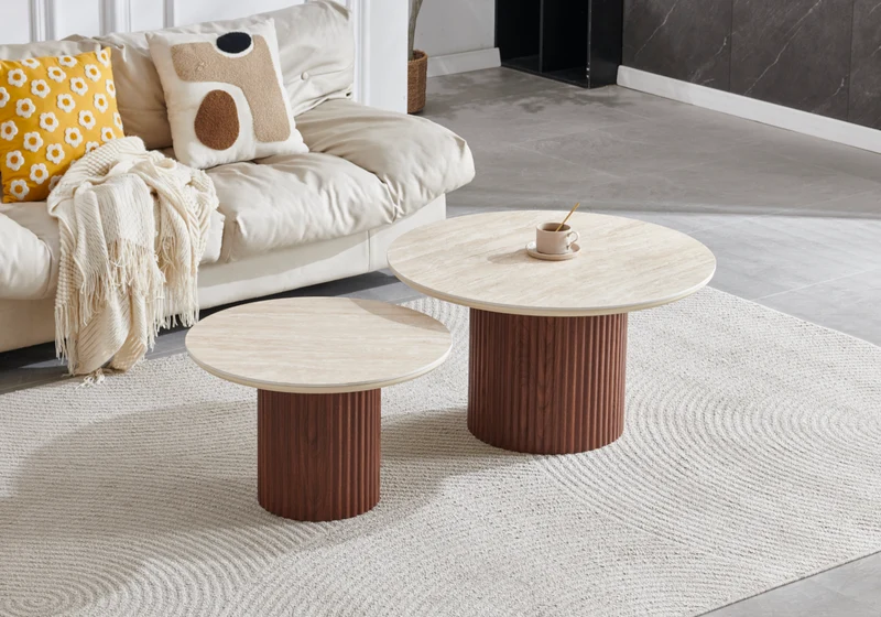 Table basse gigogne travertin noyer cannelée - Terra