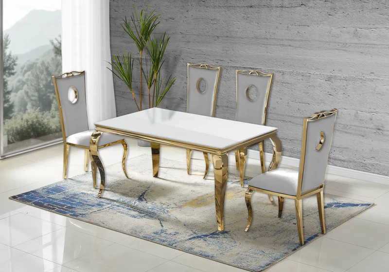 Ensemble table verre blanc et 4 chaises or – Neo