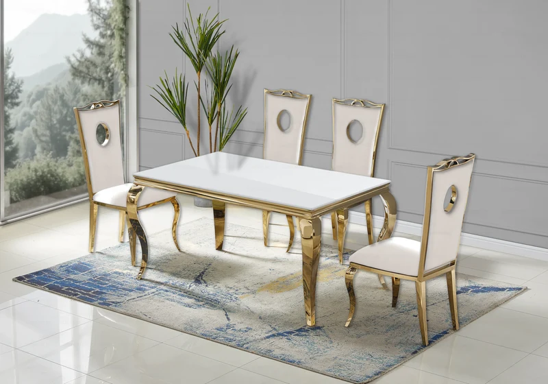 Ensemble table verre blanc et 4 chaises or – Neo