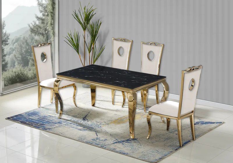 Ensemble table marbre noir et 4 chaises or – Neo