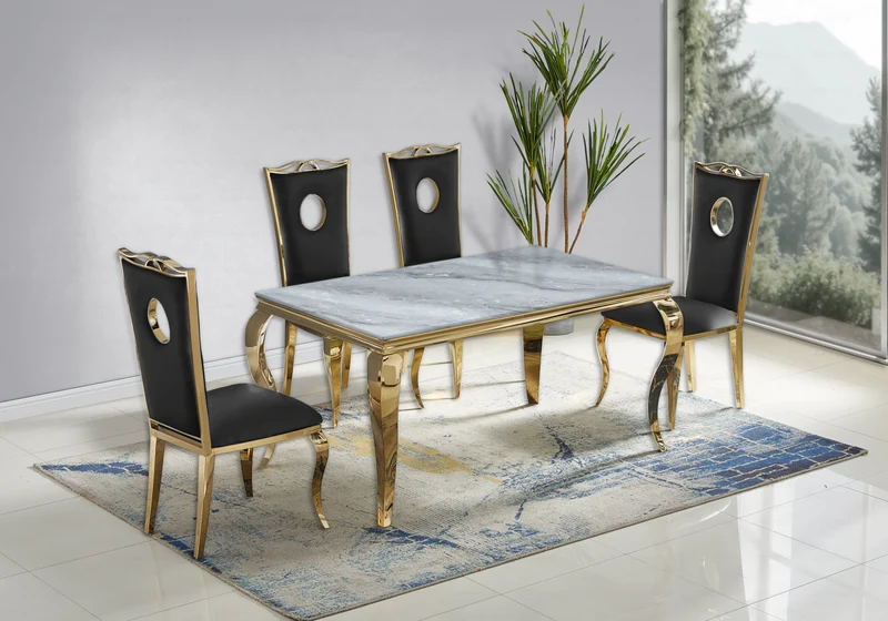 Ensemble table marbre gris et 4 chaises or – Neo
