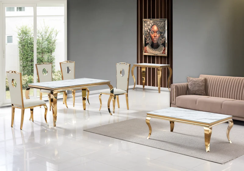 Chaise médaillon baroque dorée et velours beige - Pia x4