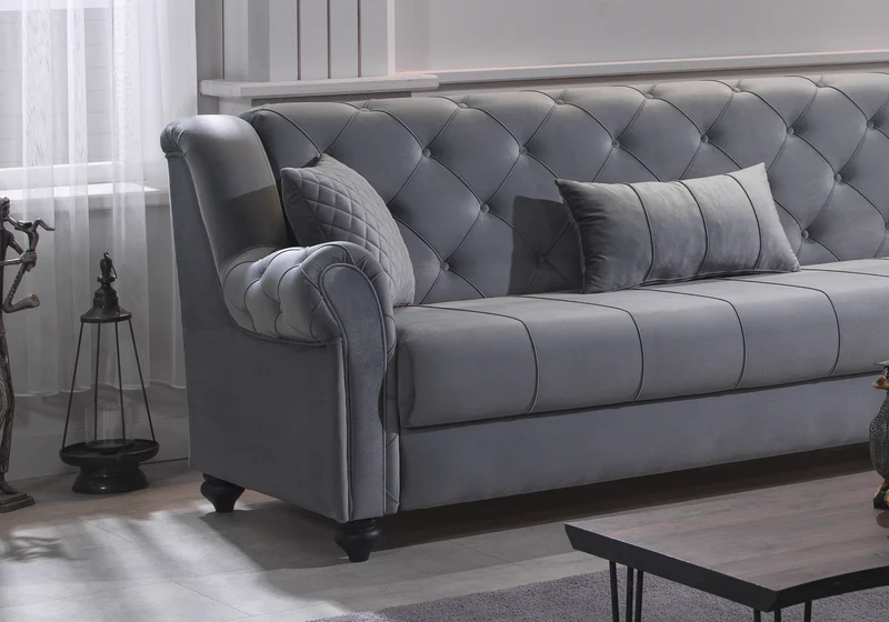 Canapé d’angle capitonné velours gris – MEVA