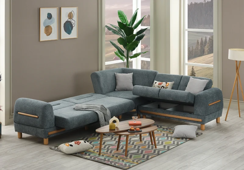 Canapé d’angle bois naturel vert graphite – LEONA
